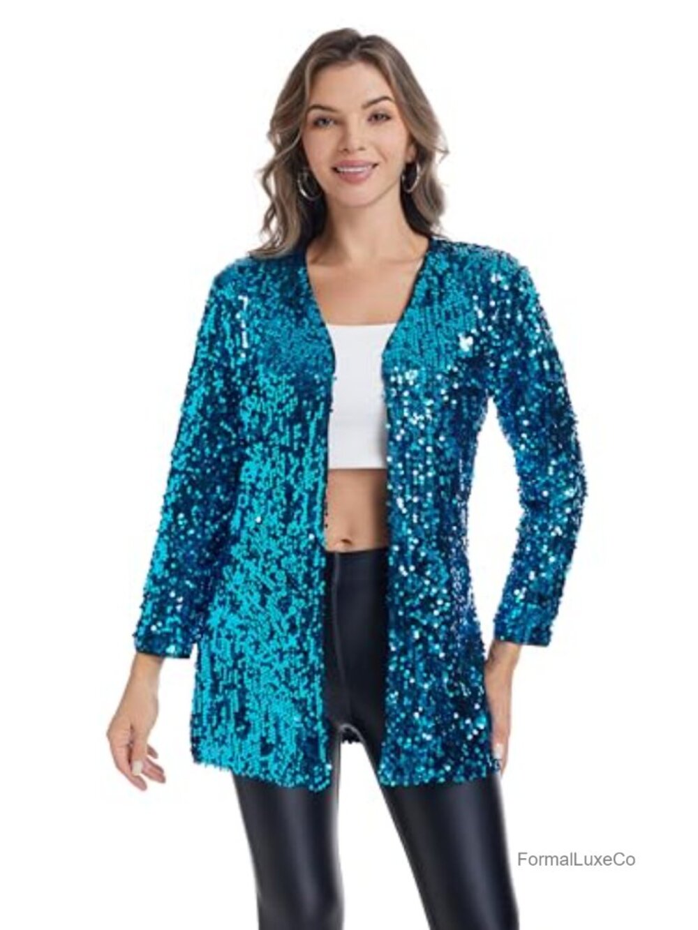 Women's Sequin Open Front Blazer Long Sleeve Fully Lined Party Jacket